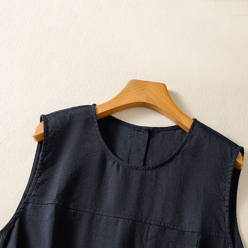 Simple Crew Neck Button Design Women's Cotton Sleeveless Vest - Image 4