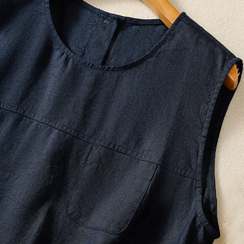 Simple Crew Neck Button Design Women's Cotton Sleeveless Vest - Image 3