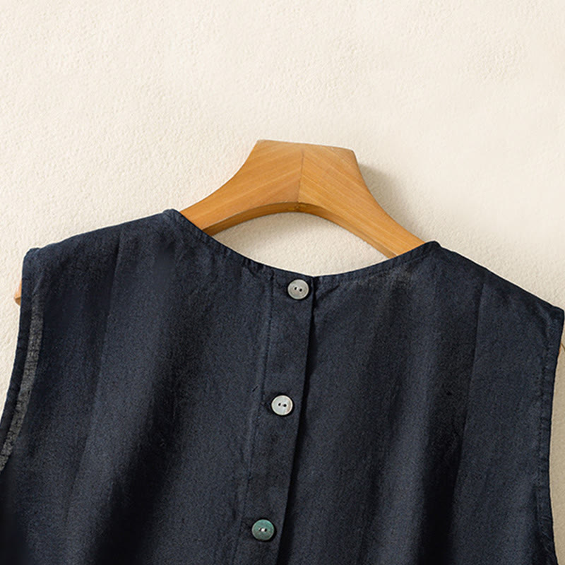 Simple Crew Neck Button Design Women's Cotton Sleeveless Vest - Image 5