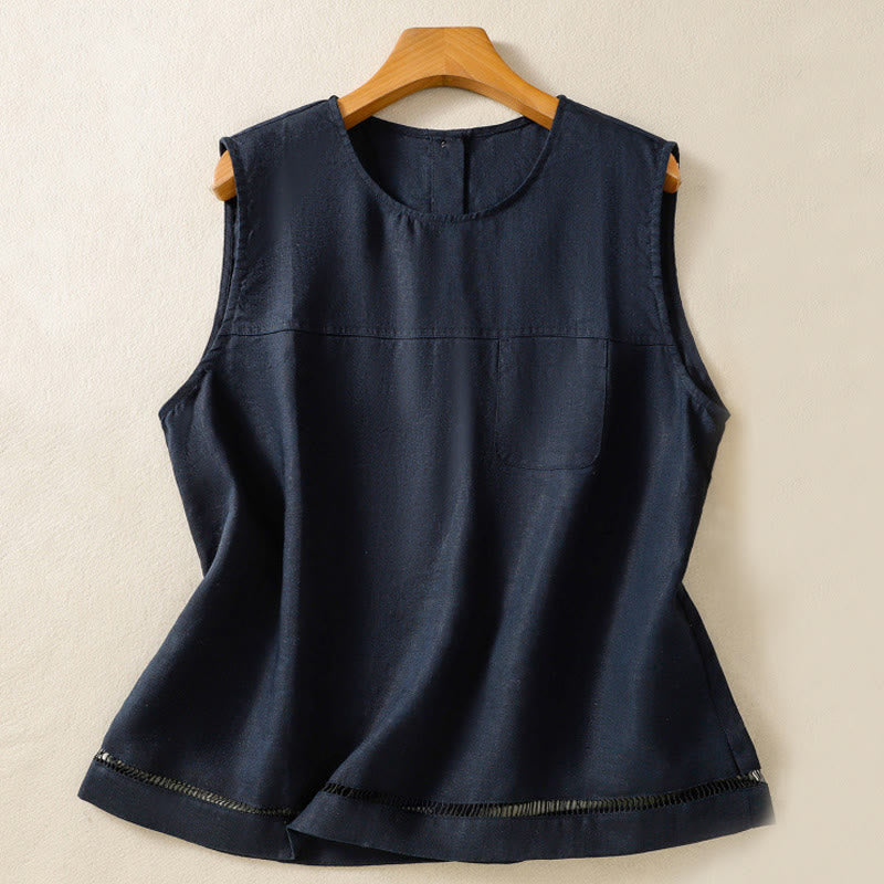 Simple Crew Neck Button Design Women's Cotton Sleeveless Vest