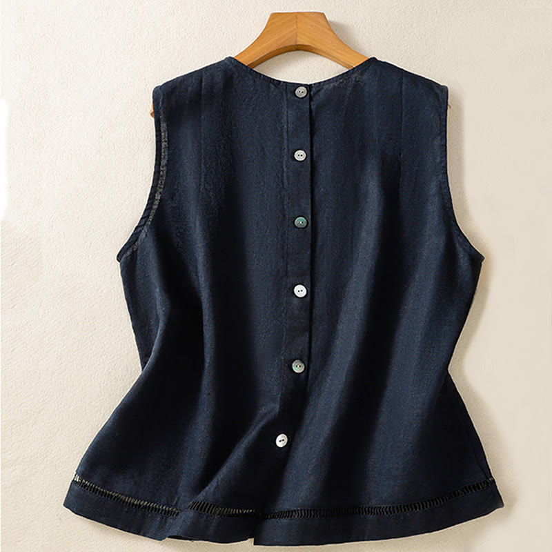 Simple Crew Neck Button Design Women's Cotton Sleeveless Vest - Image 2