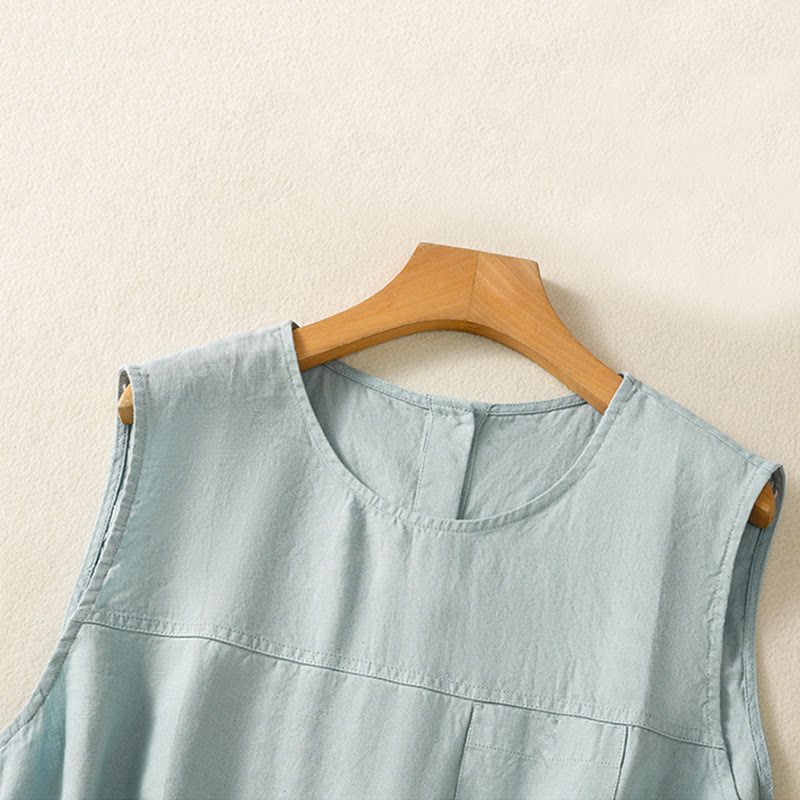 Simple Crew Neck Button Design Women's Cotton Sleeveless Vest - Image 9