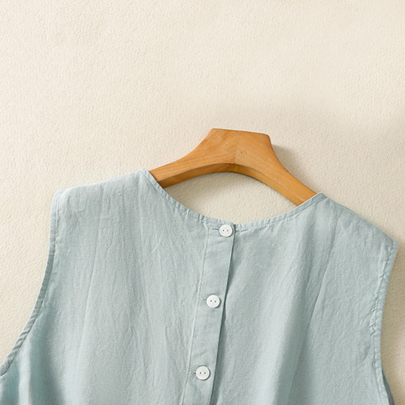 Simple Crew Neck Button Design Women's Cotton Sleeveless Vest - Image 12