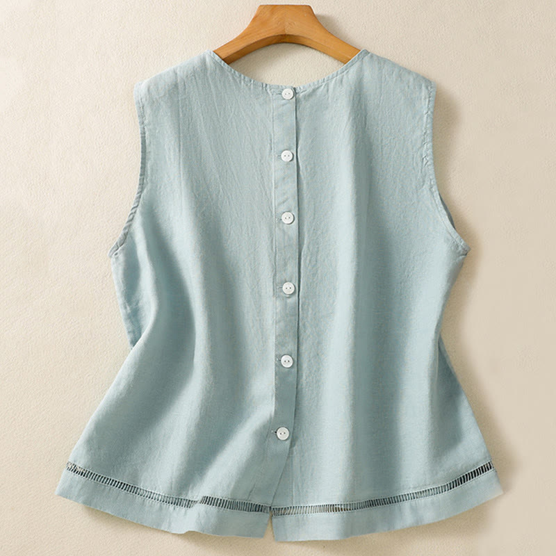 Simple Crew Neck Button Design Women's Cotton Sleeveless Vest - Image 8