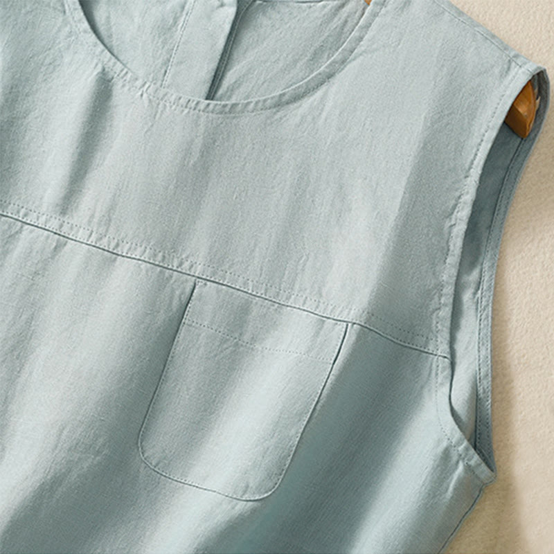 Simple Crew Neck Button Design Women's Cotton Sleeveless Vest - Image 10