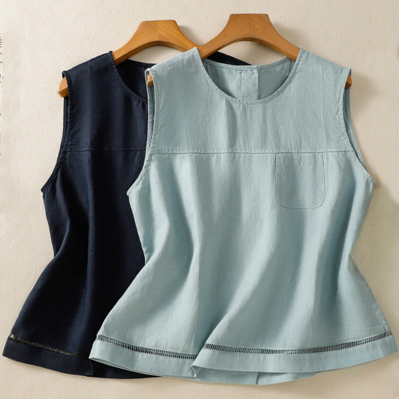 Simple Crew Neck Button Design Women's Cotton Sleeveless Vest - Image 16