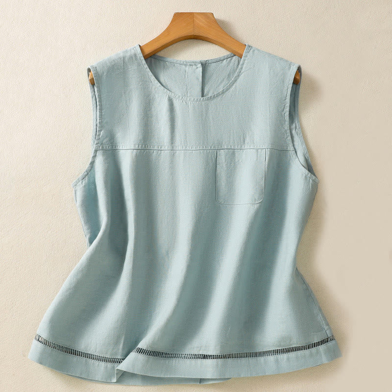 Simple Crew Neck Button Design Women's Cotton Sleeveless Vest - Image 7