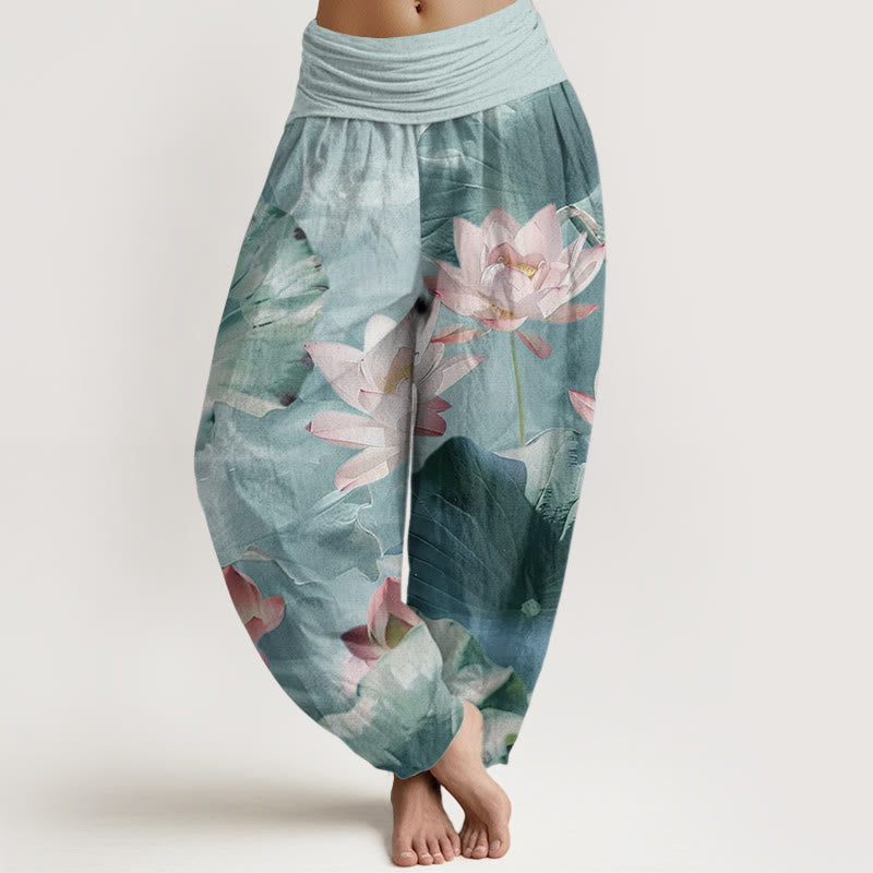 Pure Cotton Casual Lotus Petal Pond Pattern Women's Elastic Waist Harem Pants