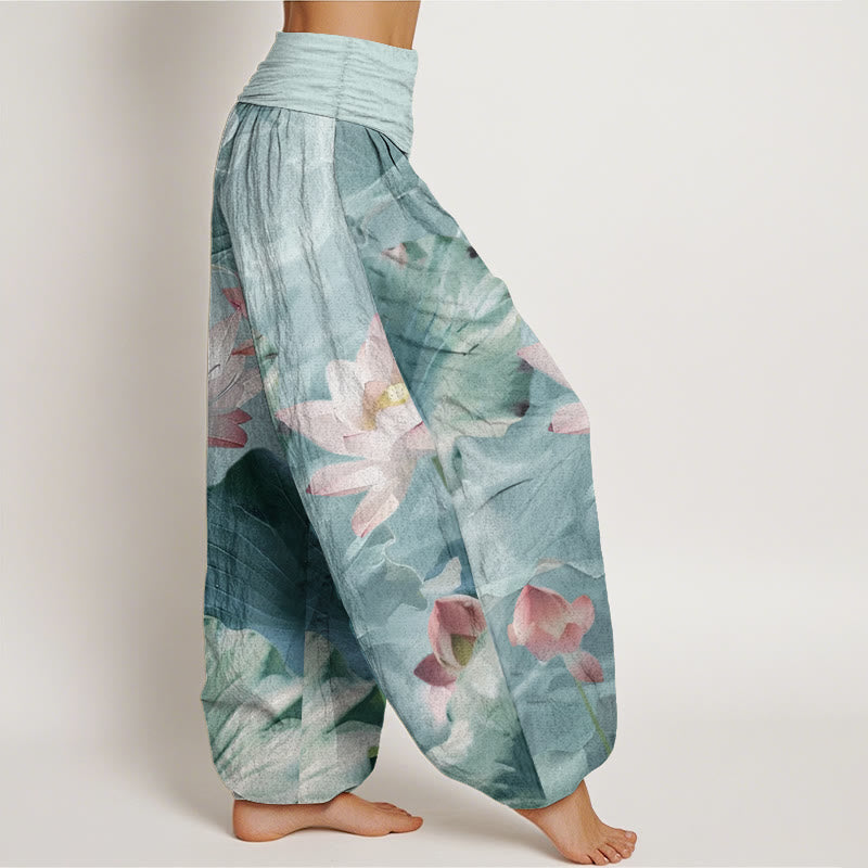 Pure Cotton Casual Lotus Petal Pond Pattern Women's Elastic Waist Harem Pants - Image 3