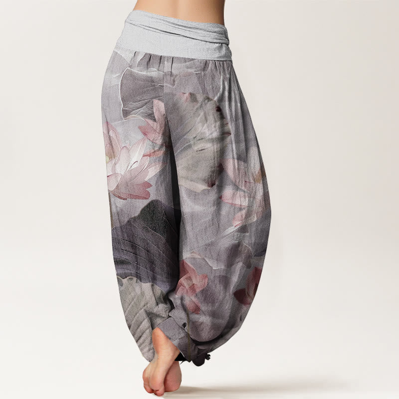 Pure Cotton Casual Lotus Petal Pond Pattern Women's Elastic Waist Harem Pants - Image 8