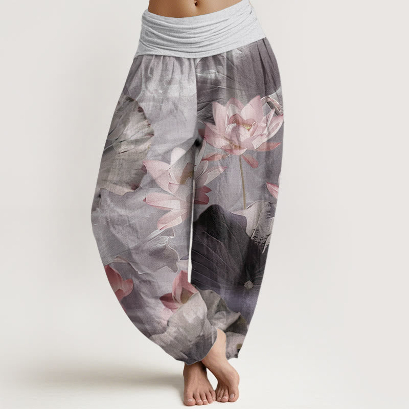 Pure Cotton Casual Lotus Petal Pond Pattern Women's Elastic Waist Harem Pants - Image 7