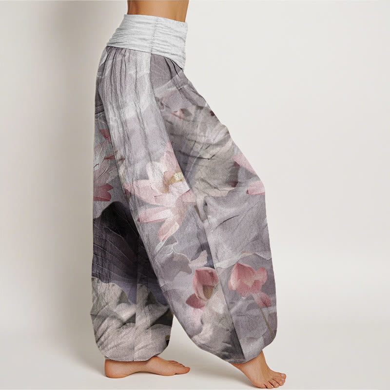 Pure Cotton Casual Lotus Petal Pond Pattern Women's Elastic Waist Harem Pants - Image 9