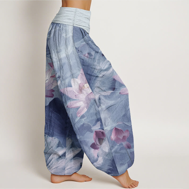 Pure Cotton Casual Lotus Petal Pond Pattern Women's Elastic Waist Harem Pants - Image 12