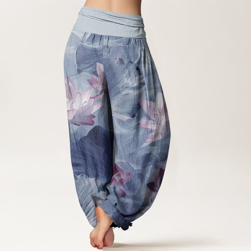 Pure Cotton Casual Lotus Petal Pond Pattern Women's Elastic Waist Harem Pants - Image 11