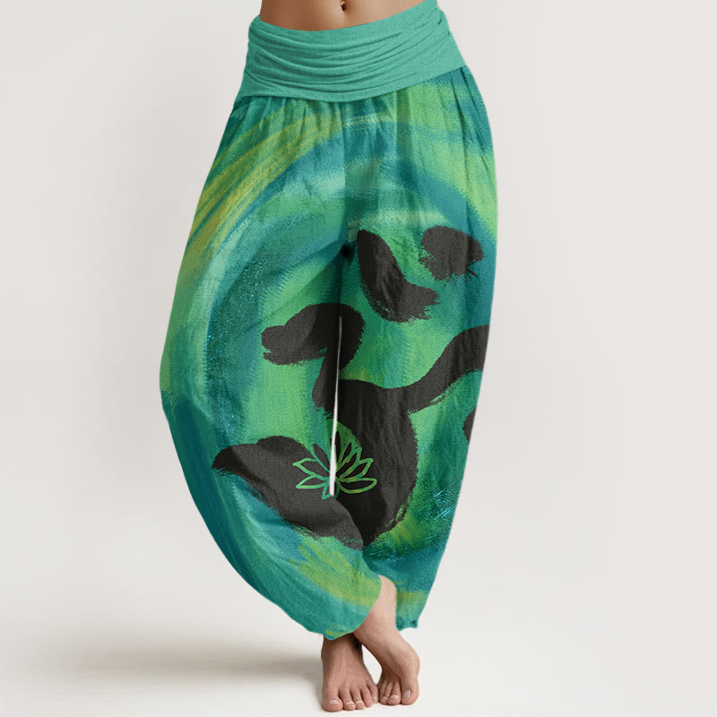 OM Symbol Lotus Flower Pattern Women's Elastic Waist Harem Pants