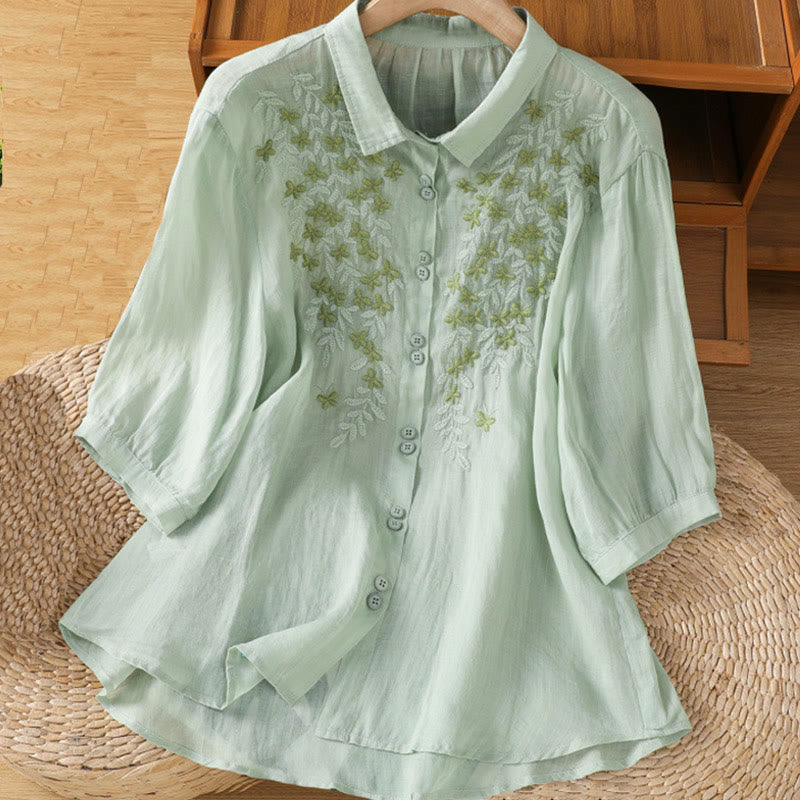 Leaf Embroidery Cotton Buttons Half Sleeve Women's Shirt