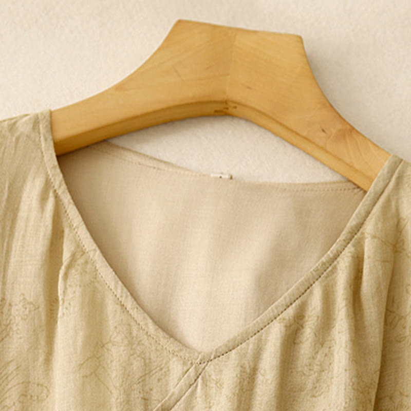 Summer V-Neck Lace-up Short Sleeve Cotton Linen Women's Midi Dress With Pockets - Image 3