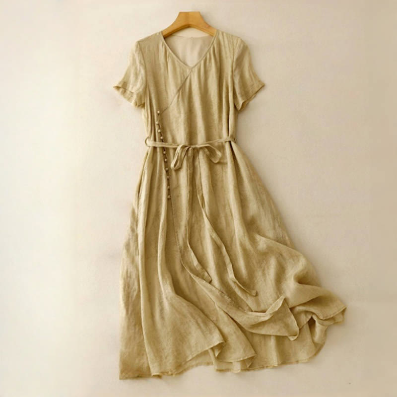 Summer V-Neck Lace-up Short Sleeve Cotton Linen Women's Midi Dress With Pockets