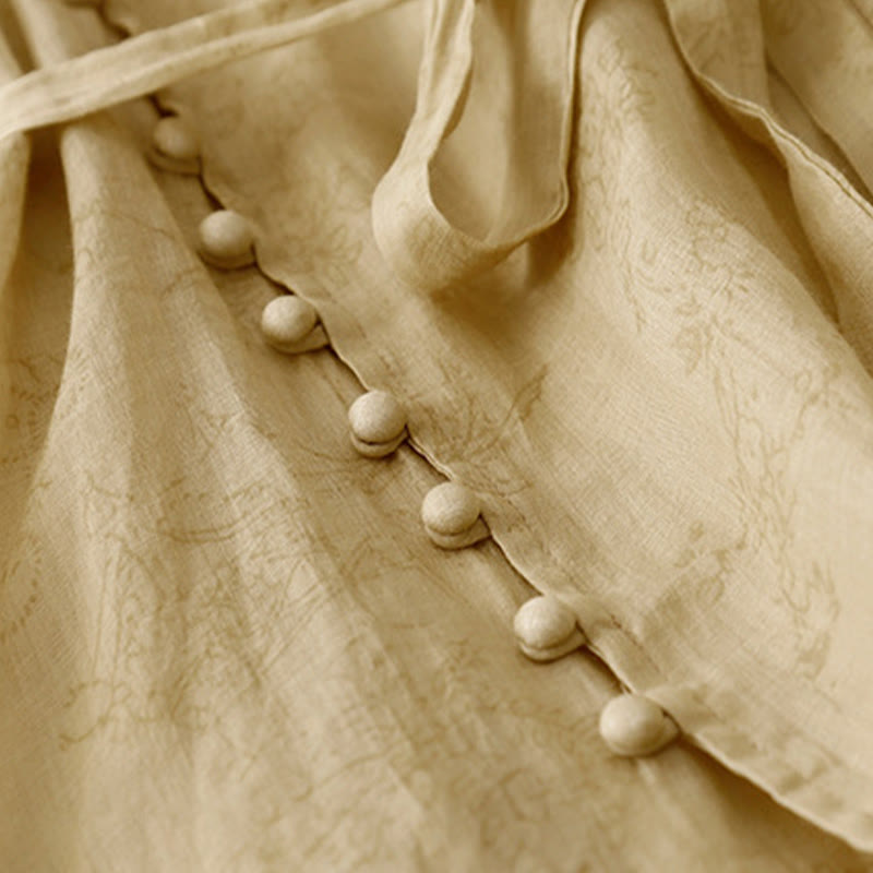 Summer V-Neck Lace-up Short Sleeve Cotton Linen Women's Midi Dress With Pockets - Image 8