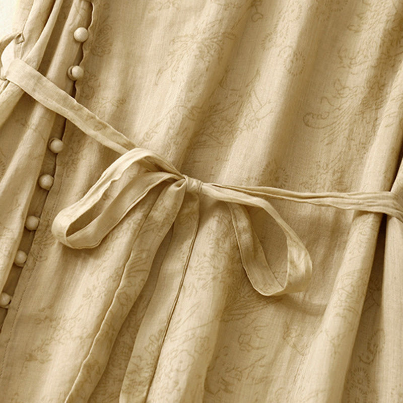 Summer V-Neck Lace-up Short Sleeve Cotton Linen Women's Midi Dress With Pockets - Image 6