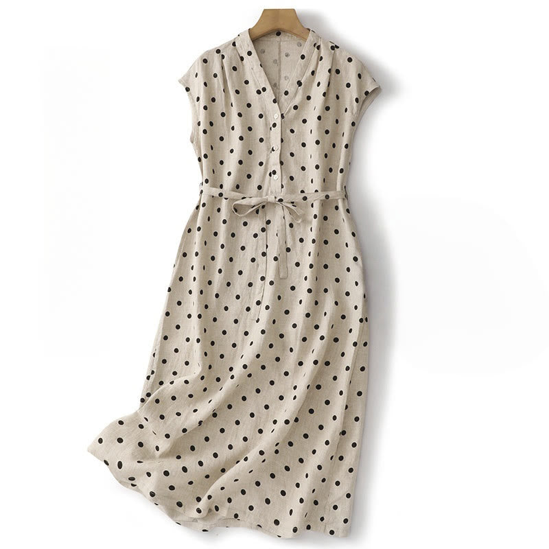 Summer Polka Dot V-Neck Lace-up Cotton Linen Women's Midi Dress With Pockets - Image 9
