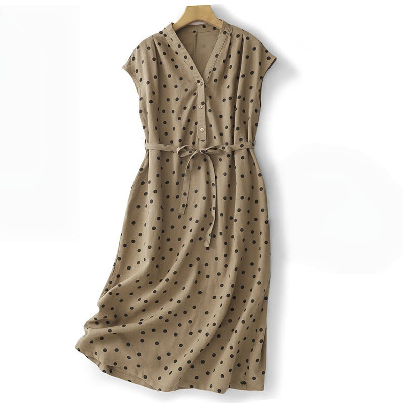 Summer Polka Dot V-Neck Lace-up Cotton Linen Women's Midi Dress With Pockets