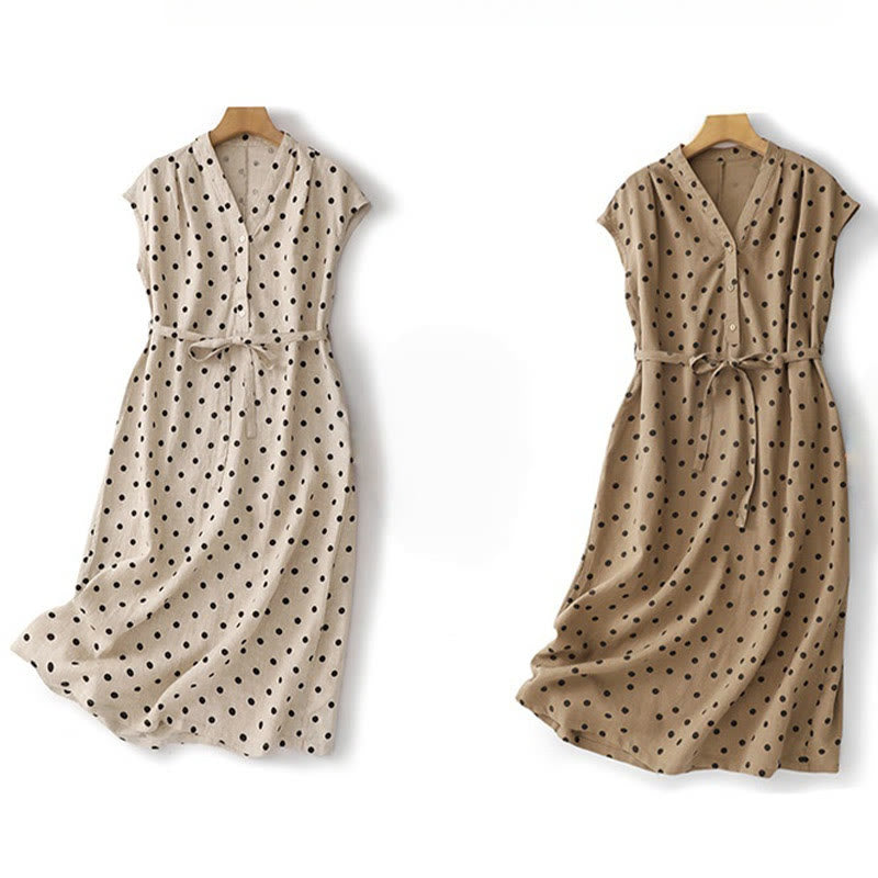 Summer Polka Dot V-Neck Lace-up Cotton Linen Women's Midi Dress With Pockets - Image 21