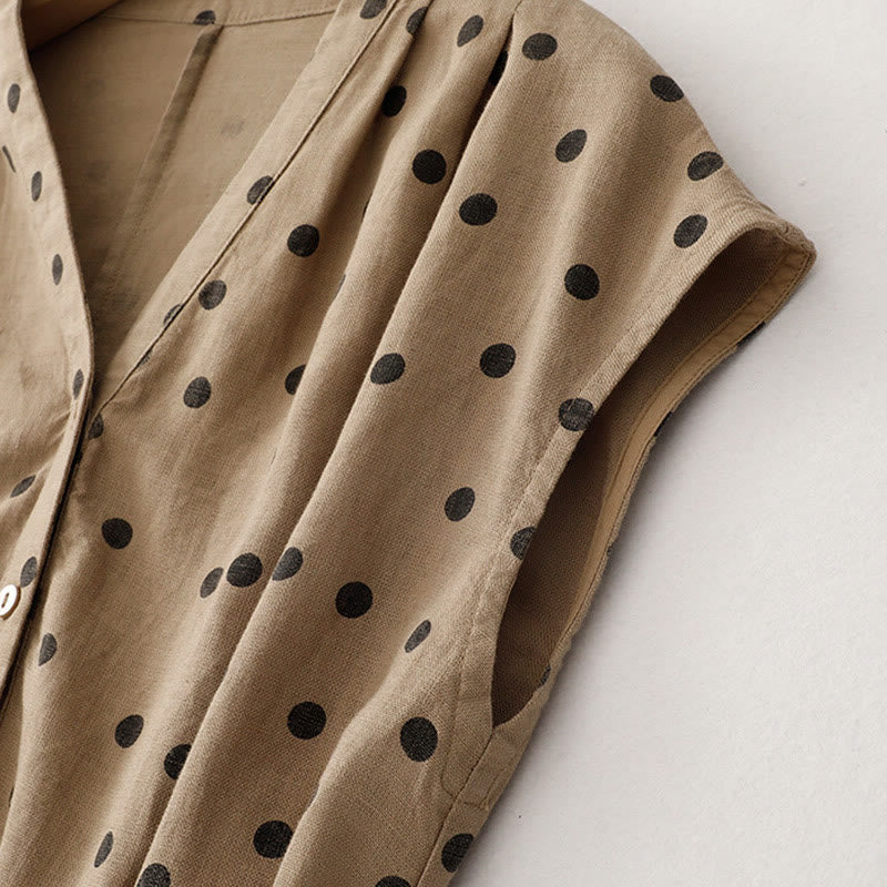 Summer Polka Dot V-Neck Lace-up Cotton Linen Women's Midi Dress With Pockets - Image 4