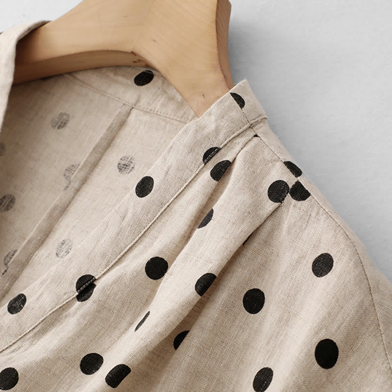 Summer Polka Dot V-Neck Lace-up Cotton Linen Women's Midi Dress With Pockets - Image 15
