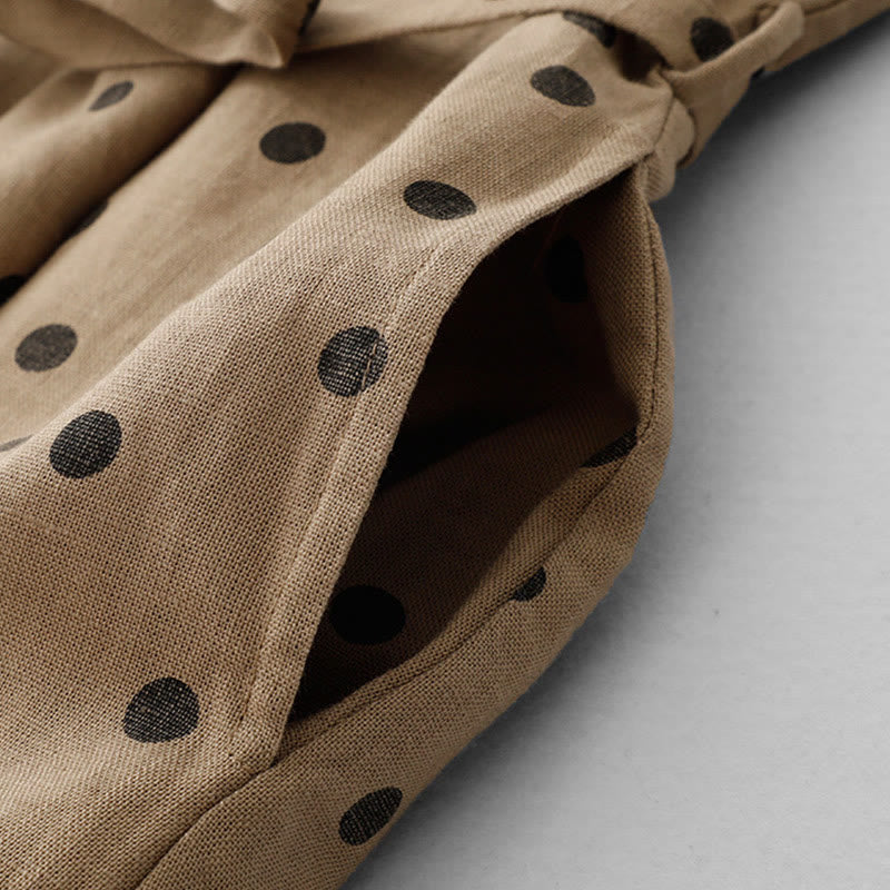 Summer Polka Dot V-Neck Lace-up Cotton Linen Women's Midi Dress With Pockets - Image 5