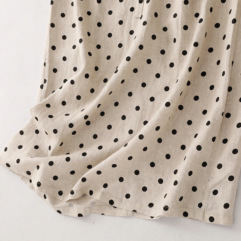 Summer Polka Dot V-Neck Lace-up Cotton Linen Women's Midi Dress With Pockets - Image 17