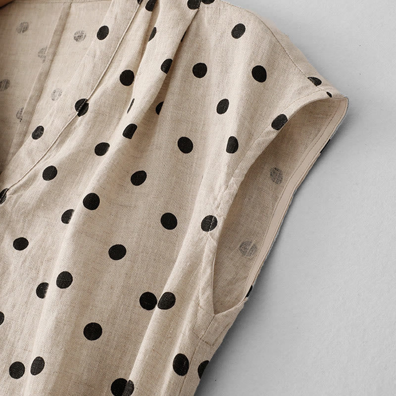Summer Polka Dot V-Neck Lace-up Cotton Linen Women's Midi Dress With Pockets - Image 14