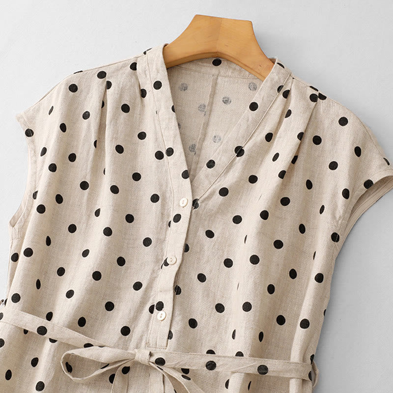 Summer Polka Dot V-Neck Lace-up Cotton Linen Women's Midi Dress With Pockets - Image 11