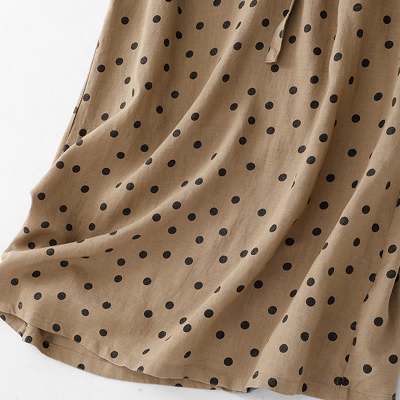Summer Polka Dot V-Neck Lace-up Cotton Linen Women's Midi Dress With Pockets - Image 7