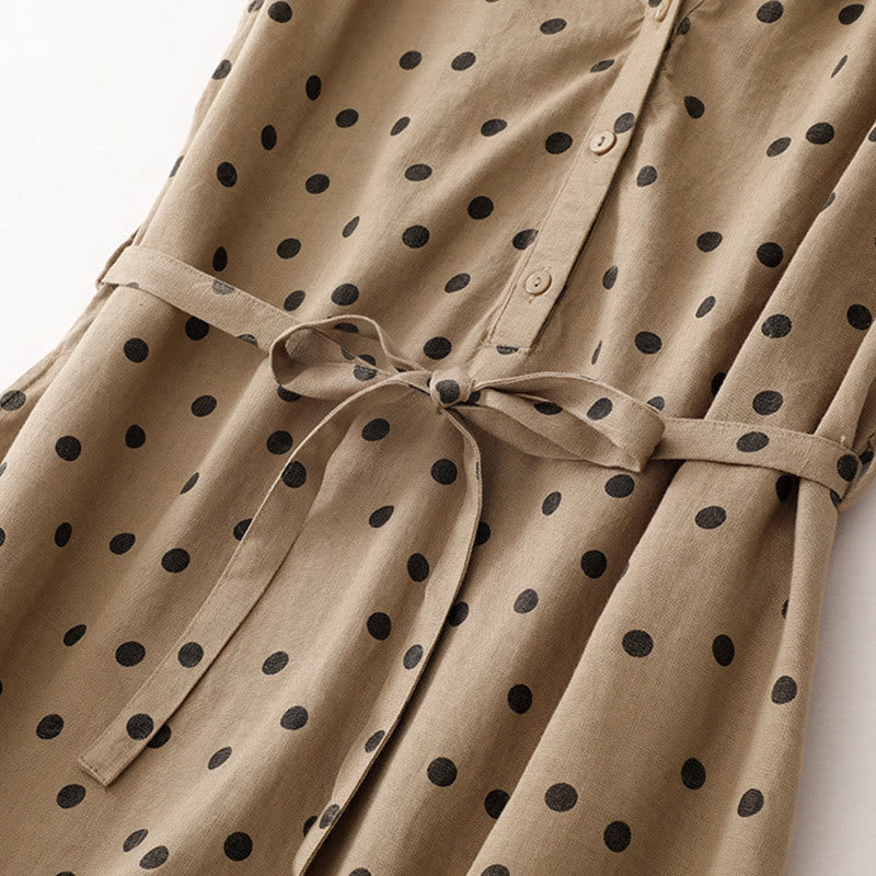 Summer Polka Dot V-Neck Lace-up Cotton Linen Women's Midi Dress With Pockets - Image 6