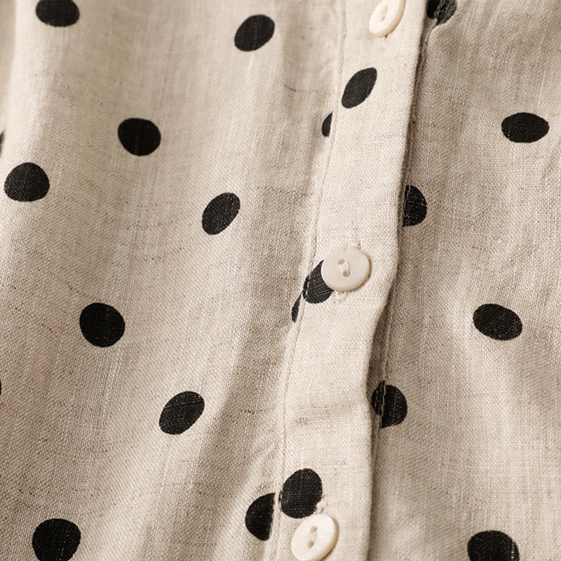 Summer Polka Dot V-Neck Lace-up Cotton Linen Women's Midi Dress With Pockets - Image 16