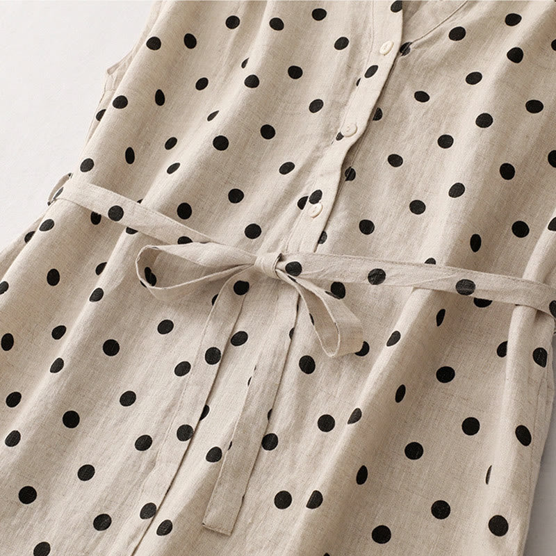 Summer Polka Dot V-Neck Lace-up Cotton Linen Women's Midi Dress With Pockets - Image 12