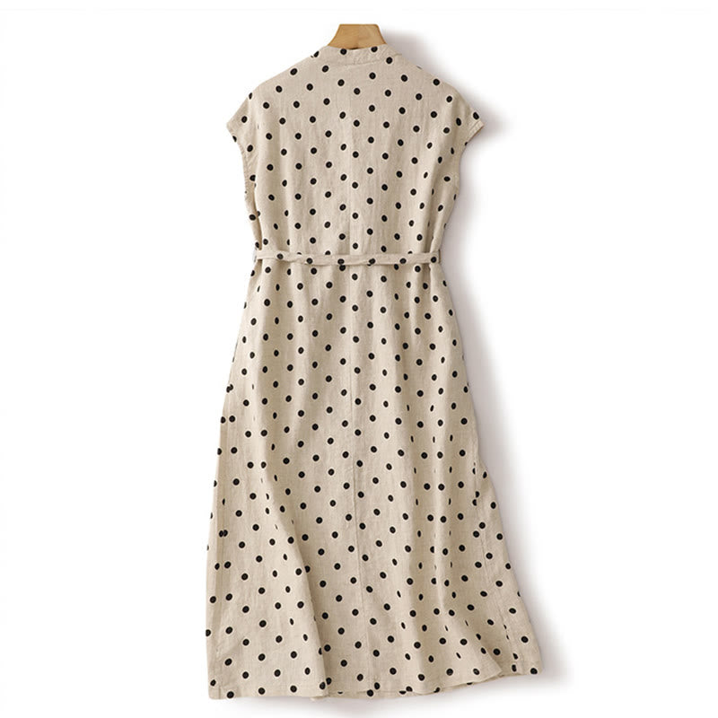 Summer Polka Dot V-Neck Lace-up Cotton Linen Women's Midi Dress With Pockets - Image 10