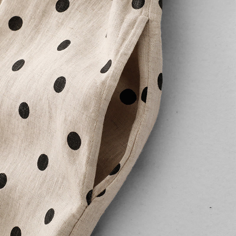 Summer Polka Dot V-Neck Lace-up Cotton Linen Women's Midi Dress With Pockets - Image 13