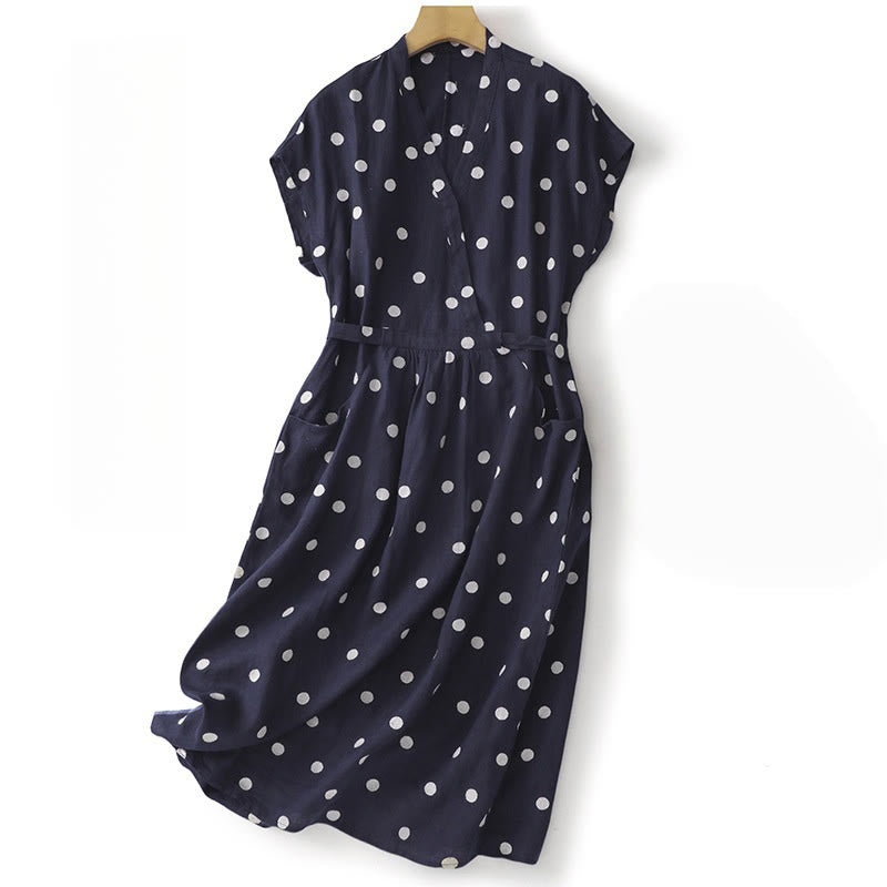 Polka Dot V-Neck Lace-up Cotton Linen Women's Midi Dress With Pockets