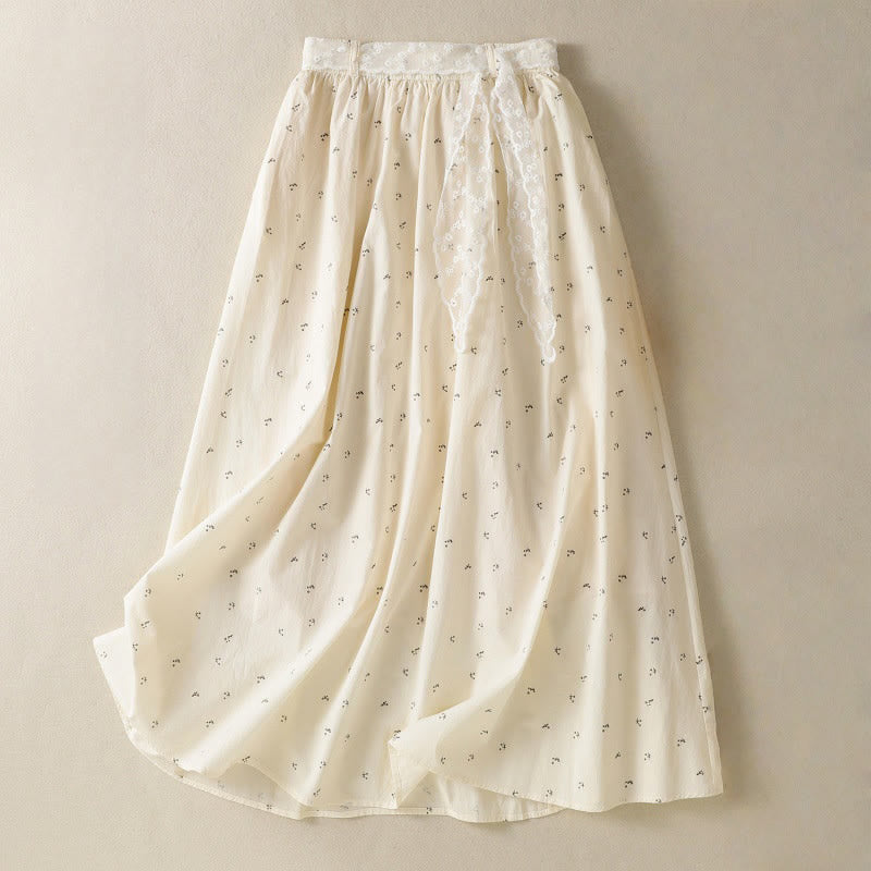 Small Flowers Elastic Waist Cotton Women's Skirt With Pockets