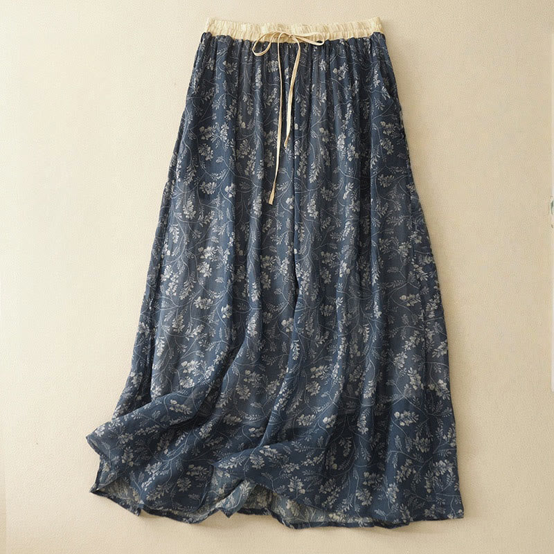 Floral A-line Elastic Waist Cotton Linen Women's Skirt With Pockets - Image 12