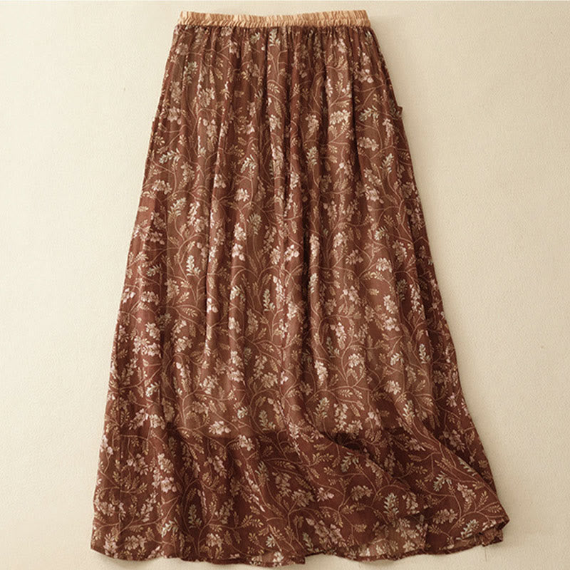 Floral A-line Elastic Waist Cotton Linen Women's Skirt With Pockets - Image 3