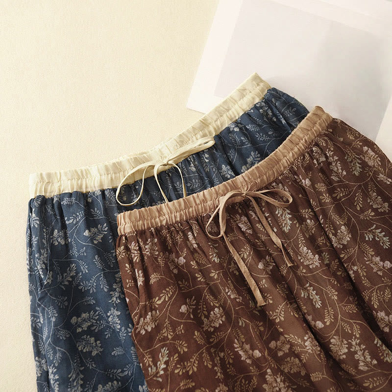 Floral A-line Elastic Waist Cotton Linen Women's Skirt With Pockets - Image 11