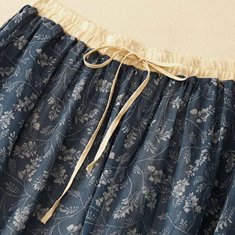 Floral A-line Elastic Waist Cotton Linen Women's Skirt With Pockets - Image 13