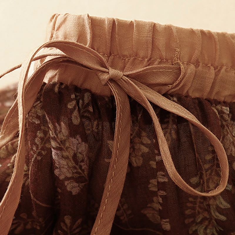 Floral A-line Elastic Waist Cotton Linen Women's Skirt With Pockets - Image 6