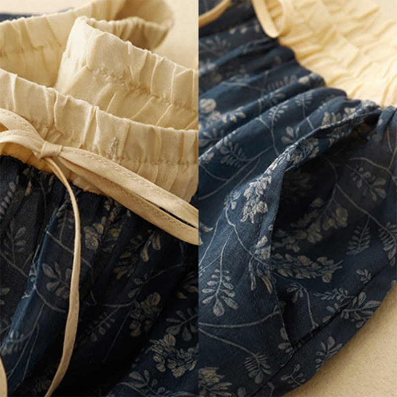 Floral A-line Elastic Waist Cotton Linen Women's Skirt With Pockets - Image 14