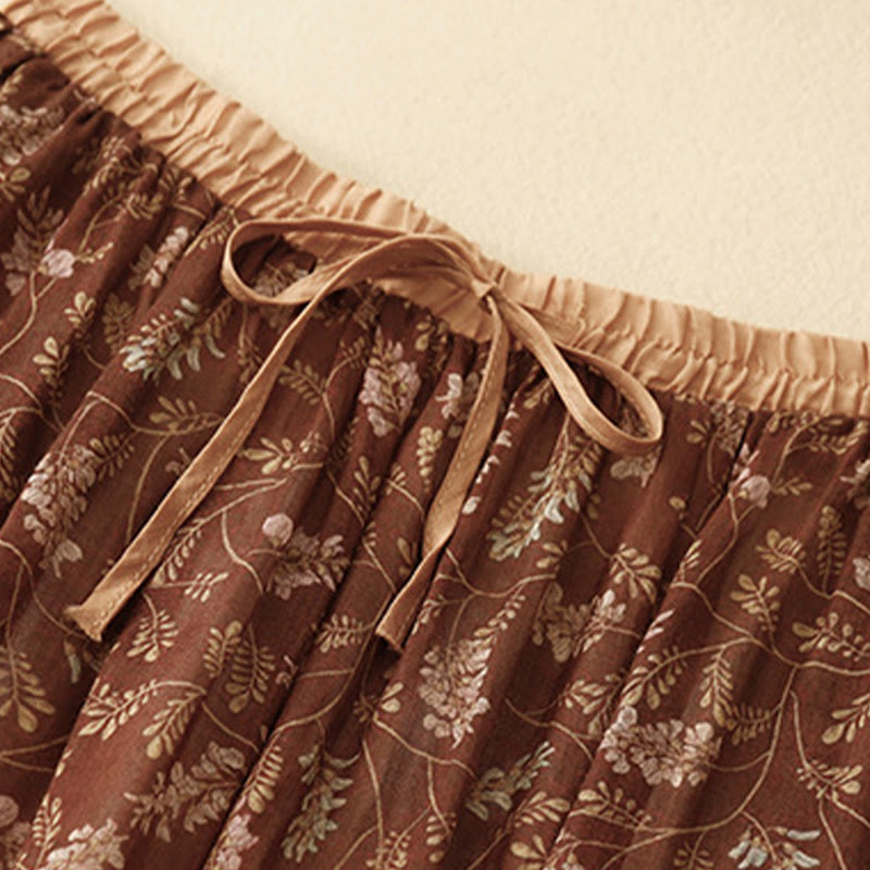 Floral A-line Elastic Waist Cotton Linen Women's Skirt With Pockets - Image 4