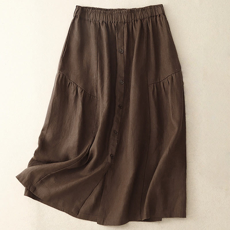 A-line Buttons Slit Design Elastic Waist Cotton Women's Skirt With Pockets