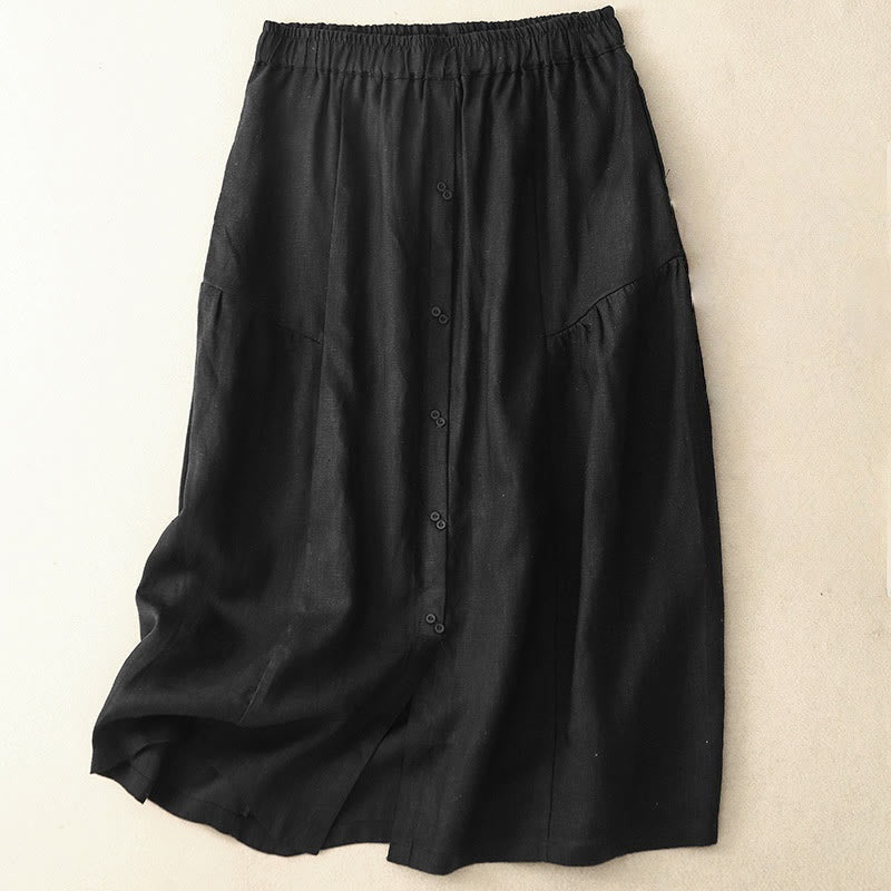 A-line Buttons Slit Design Elastic Waist Cotton Women's Skirt With Pockets - Image 7